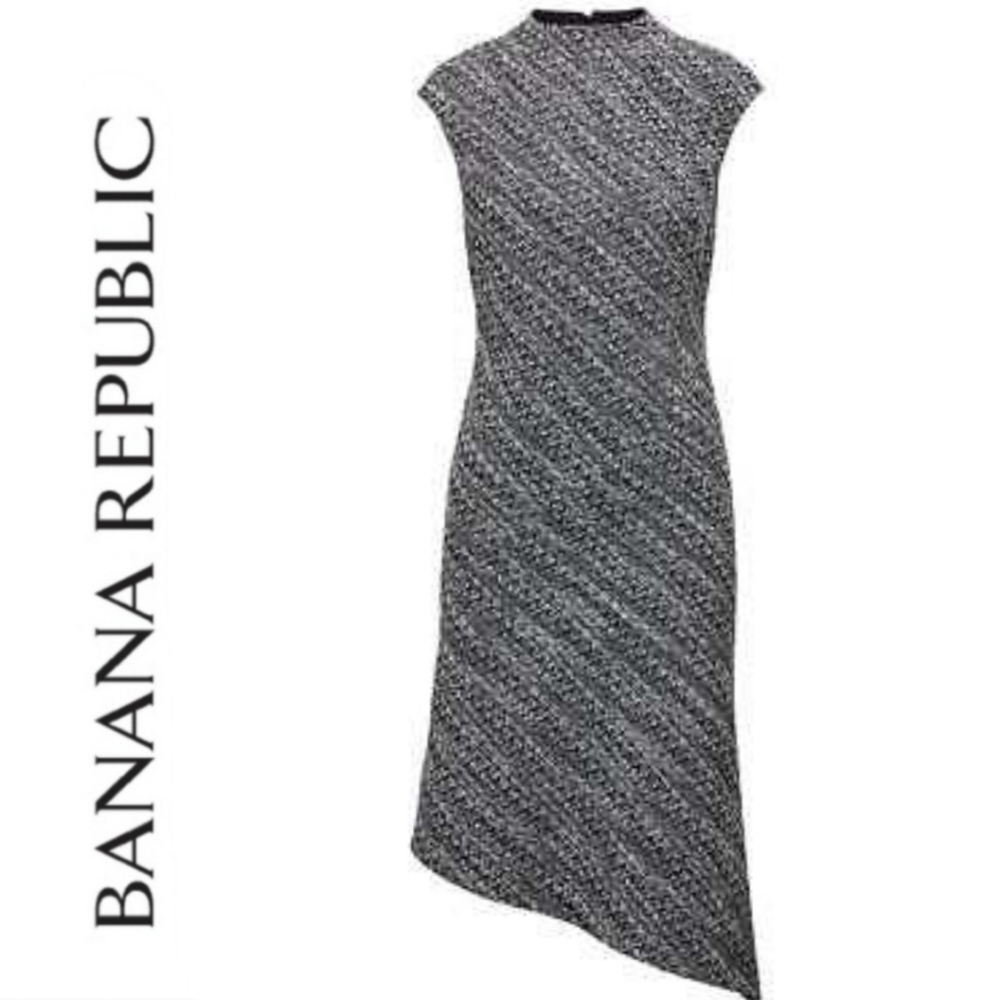 NWT Banana Republic Tweed Black White Asymmetrical Mock Neck Dark Academia - Picture 6 of 12
